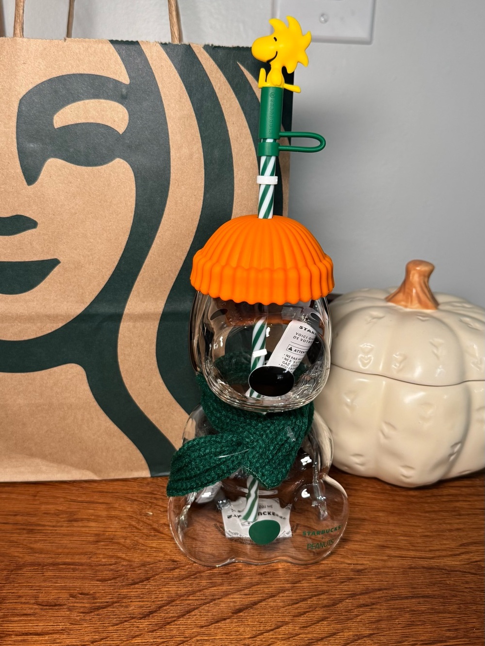 Starbucks Orange Beanie Snowman Glass Cup with Green Scarf and Straw